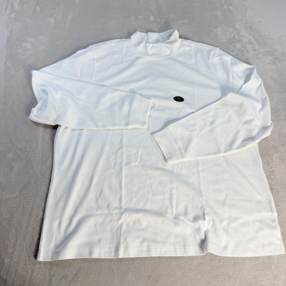 LL Bean Mock Neck Top Women 1X White Cotton Long Sleeve Shirt 188452 Layering